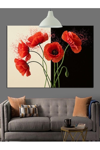 Kırmızı Haşhaş Çiçekleri Sapları Dekoratif Kanvas - Mdf Ahşap Tablo