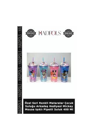 Özel Seri Renkli Mataralar Çocuk Suluğu Arkadaş Hediyesi Mickey Mouse Işıklı Pipetli Suluk 400 Ml Çok Renkli