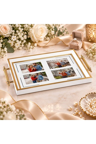 Bk Gift Kişiye Özel Fotoğraflı Beyaz&gold Söz Nişan Tepsisi-1 - 39x23 Cm Çok Renkli