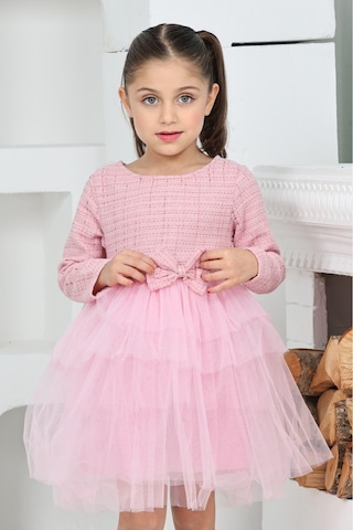 Kız Çocuk Çift Kat Tüllü Ve Fiyonklu Elbise 12172 Pembe