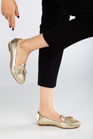 Analin Shoes Kadın Hakiki Deri Baskılı Püsküllü Babet Altın