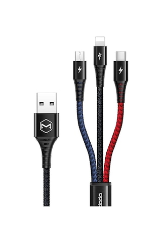 Mcdodo CA-6220 3in1 Lightning+Micro USB+Type-C Çoklu Şarj Kablosu 2.4A 1.2 M Siyah