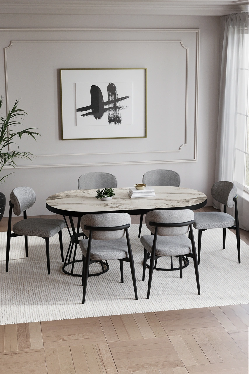 Bohem Polo Mutfak Masası Takımı 6 Kişilik Siyah Gri