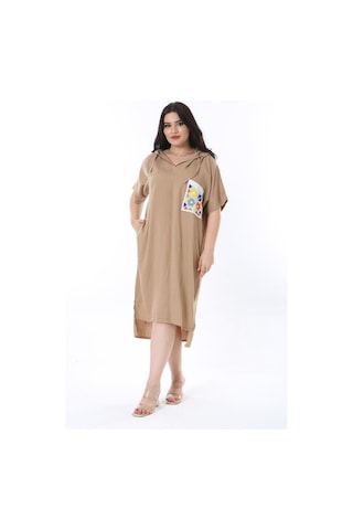 Şans Kadın Büyük Beden Camel Kapşonlu Örgü Cep Detaylı Düşük Kollu Elbise 65n36012-camel Camel