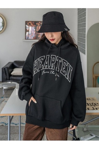 Kadın Hearten Baskılı Oversize Sweatshirt Siyah