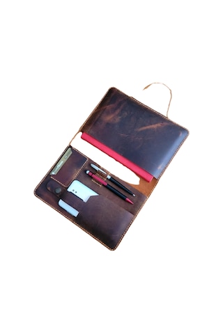 Nyc Giyim Tekstil Hakiki Crazy Dana Derisi El Dikişli Tablet Organizer Çanta, Bordo, 13 Inç Tablet Için Ideal, Toplantı Ve Seyahat Düzenleyici Kapaklı Kılıf
