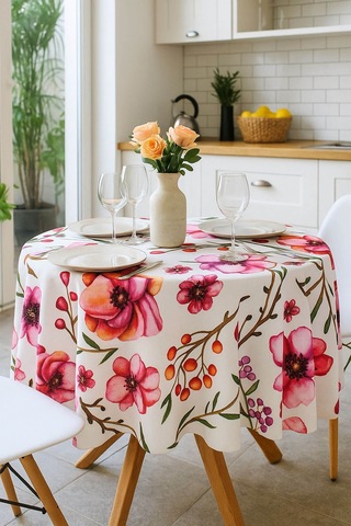 Yuvarlak Çiçek Desenli Duck Kumaş Masa Örtüsü 150x150 Cm Çok Renkli