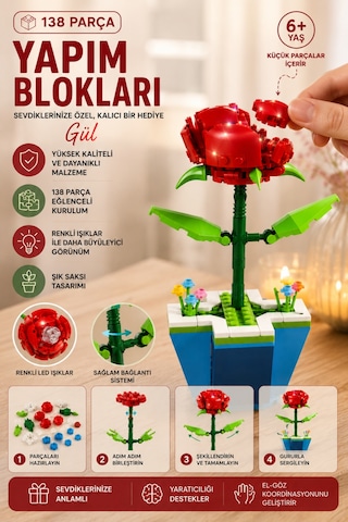 Gül Yapım Blokları 138 Parça Led Işıklı Dekoratif Yapboz Çiçek Seti 6+ Yaş