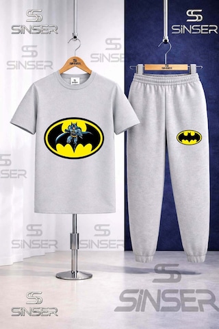Ss Sinser Çocuk Batman Logo Icınde Baskılı Tişort Eşofman Takımı Gri