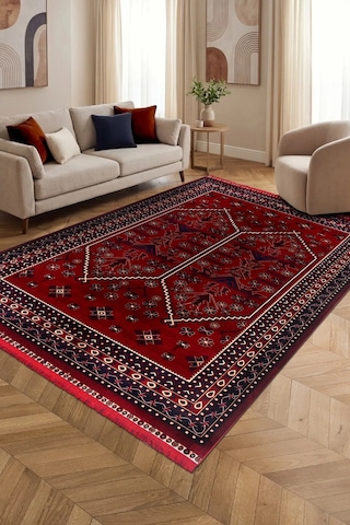 Rumi Etnik Geometrik Desenli Klasik Salon Oturma Odası Halısı Robot Süpürge Uyumlu Kolay Temizlenebilir Kırmızı Lacivert Kırmızı / Lacivert