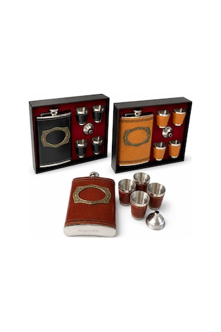 1 Adet Matara Derili 9 Oz 266 Ml Set, 4 Shot Bardaklı, Seyahat Flask, Hip Flask Sarı