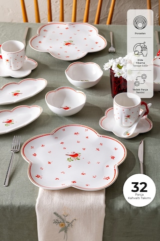 Emsan Myna Porselen 32 Parça 6 Kişilik Kahvaltı Takımı Kırmızı