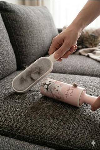 Tüy Toplama Seti 2 Li 60 Yaprak Yapışkanlı Rulo + Kumaş Tüy Temizleme Fırçası Kedi Köpek Tüy Toplayıcı
