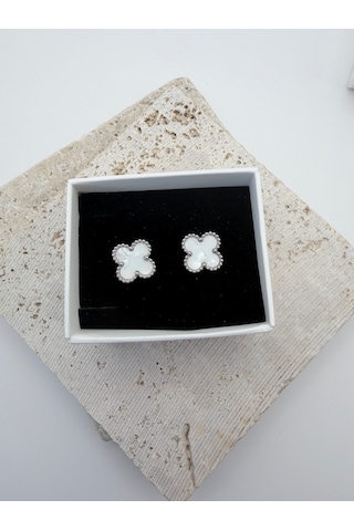 Çelik Yonca Küpe Renkli Mineli Gold Kadın Küpe 1 Cm Minimal Günlük Küpe Beyaz