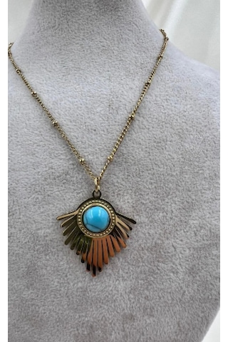 Bb Çelik Firuze Taşlı Vintage Kolye Altın - Mavi