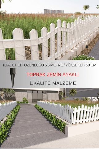 Dekoratif Plastik Bahçe ve Peyzaj Çiti 10 ADET ÇİT (Y: 50 CM / G: 5.5 M) Toprak Ayaklı - Beyaz