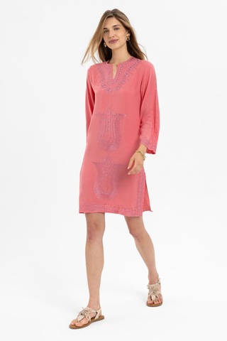 Pembe İşlemeli Uzun Kollu Astarsız Pamuklu Kısa Elbise-pembe