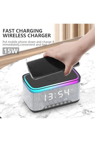 Rgb 13 Mod Led Işıklı Masa Üstü Bluetooth Speaker Masa Saati Alarmlı 15w Kablosuz Şarj Standlı