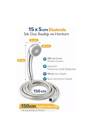 Duş Başlığı Seti 150 Cm Hortumlu, 7.5 Cm Başlık Çapı, 21 Cm Krom Saplı El Duşu, Esnek Plastik Hortum, Paslanm Diğer