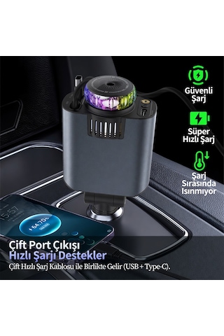 5in1 Araç Çakmaklığı Pd Hızlı Araç Şarj Cihazı Kendinden Kablolu Rgb Yıldız Işık Saçan Araç Kokusu Aroma Difüzör Özellikli + 3 Adet Esans Hediyeli 45w Black