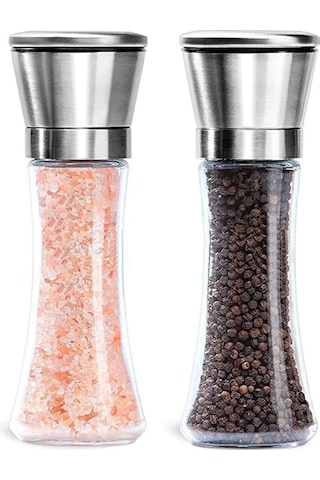 Morponi Cam Gövdeli Paslanmaz Çelik Kapaklı Tuz Karabiber Değirmeni Tuz Karabiber Öğütücü 19 Cm 2 Adet Şeffaf