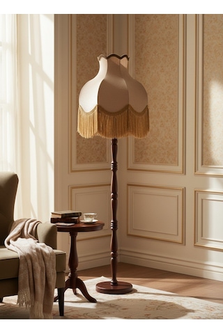 Vizon Kadife Başlık Kahve Ahşap Ayaklı Lambader Vintage Model 170x45cm