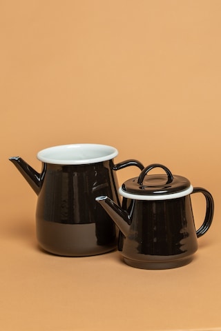 Velluto Nero Emaye Çaydanlık - 2 Li Kulplu Ve Saplı Krem Sahan Seti Siyah