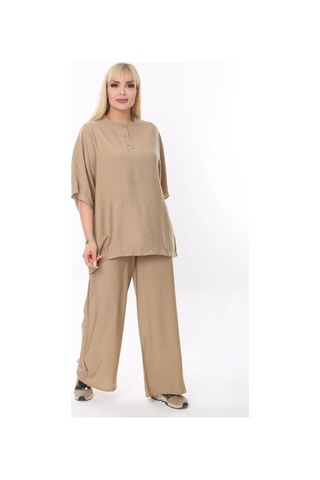 Mia Butik Büyük Beden Bej Yuvarlak Yaka Salaş Takım Bej