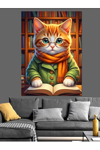 Ahşap Tablo Kitap Okuyan Turuncu Kedi