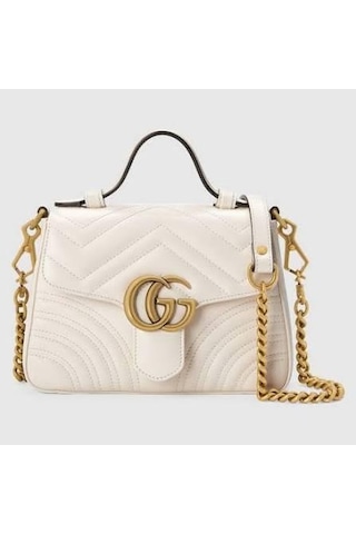 Gucci White Chevron Leather Gg Marmont Top Handle Bag Beyaz