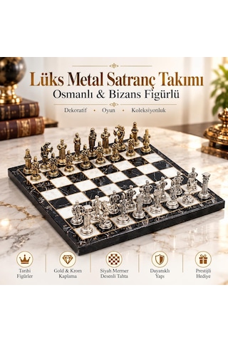 Lüks Metal Satranç Takımı Osmanlı Bizans Figürlü Krom Siyah Mermer Desenli 20x20 Premium Hediye Seti