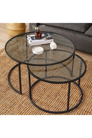 Tokyo Orta Sehpa 80 Cm Yuvarlak Füme Kırılmaz Cam 2 Li Sehpa Takımı