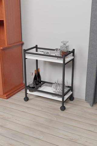 Servis Sunum Arabası Ev Tipi İki Katlı Şişe Bölmeli Servant Beyaz