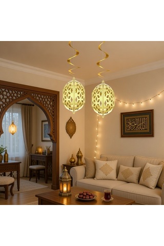 Ramazan Kandil Gold Parlak 2'li 4d Asmalı Dekorasyon Süsü 25 Cm
