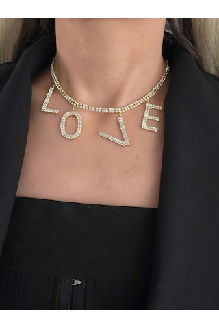 Love Aşk Kristal Taşlı Party Style Altın Kaplama Gold Renk Kolye Gold Çok Renkli