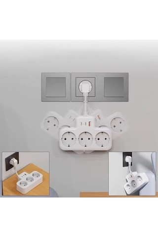 Voltaj Korumalı Priz Duvar Tipi Kısa Kablolu Priz Çoğaltıcı 3x Soket 2x Type-c 1x Usb 16a 3680w 1050 Joule Çocuk Standart