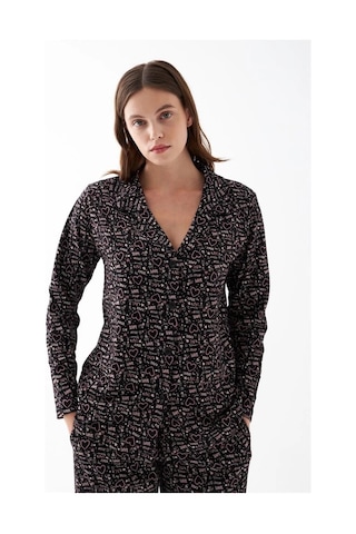 İkikareshop Kadın Siyah Düğmeli Kalp Desenli Pamuklu Pijama Takımı Çok Renkli