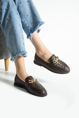 Lebibe Shoes Maby Kadın Acı Kahve Örgü Dokulu Zincir Detaylı Loafer Düz Ayakkabı Babet Acı Kahverengi