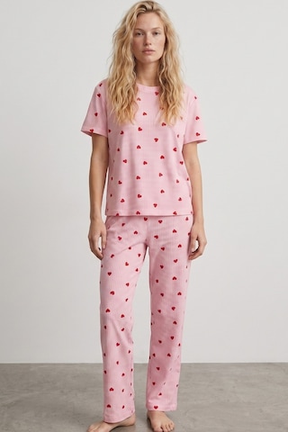 Siyah İnci İnce Soft Örme Mevsimlik Pijama Takımı 8003 Pembe Kırmızı Kalp