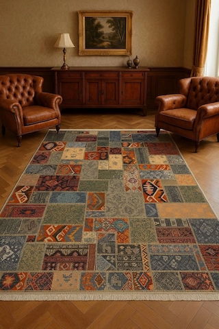 Renkli Patcwork Desen Modern Halı Dekoratif Kilim Çok Renkli