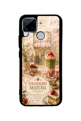 Realme C15 Strawberry Matcha Dream Tasarımlı Glossy Telefon Kılıfı Krem