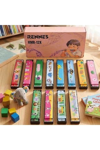 Rennes Hmr-12x 12'li Çocuklara Özel 16 Delikli Mızıka Seti Desenli
