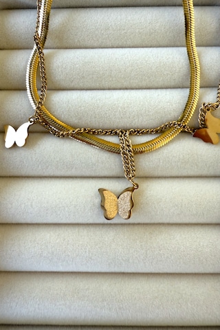 Jewels Of Hope Çift Zincirli Kelebek Motifli Kararmaz Gold Kadın Kolye 45 Cm Paslanmaz Çelik Kolye Altın