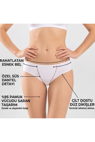 Elitse Kadın Pamuklu Zikzak İşlemeli Bikini Kesim Külot Siyah, Beyaz Dantel Detaylı Rahat Günlük İç Giyim