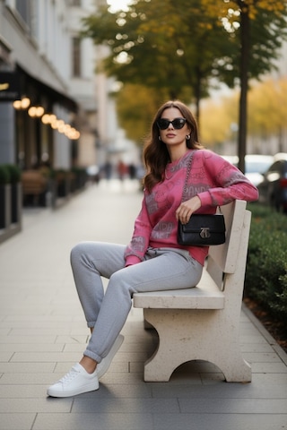 The Kadın Pembe Baskılı %100 Pamuk 3 İplik Şardonsuz Sweatshirt - Normal Kalıp Basic Bisiklet Yaka Pembe