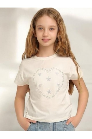 Escabel Kız Çocuk Pamuklu Yuvarlak Yaka Yarım Kol Taşlı T-shirt-15669 Ekru