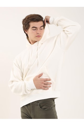 Dufy Erkek Oversize Düz Pamuklu Kapüşonlu Sweatshirt Ekru - 103712 Ekru