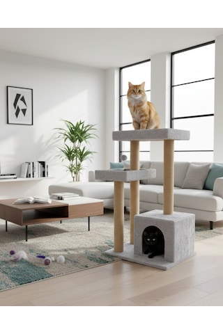 Reyo Pet Kulübeli Çift Teraslı Kedi Tırmalaması Gri