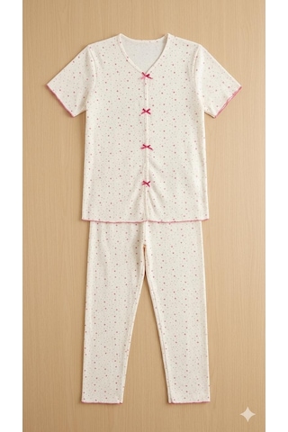 Sleeproom Yazlık Ekru Fuşya Yıldız Desenli Kısa Kol Penye %100 Pamuk Pijama Takım