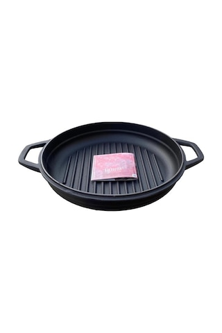 Hosse 28 Cm Yuvarlak Demir Döküm Grill Tava Çift Kulplu Siyah Siyah